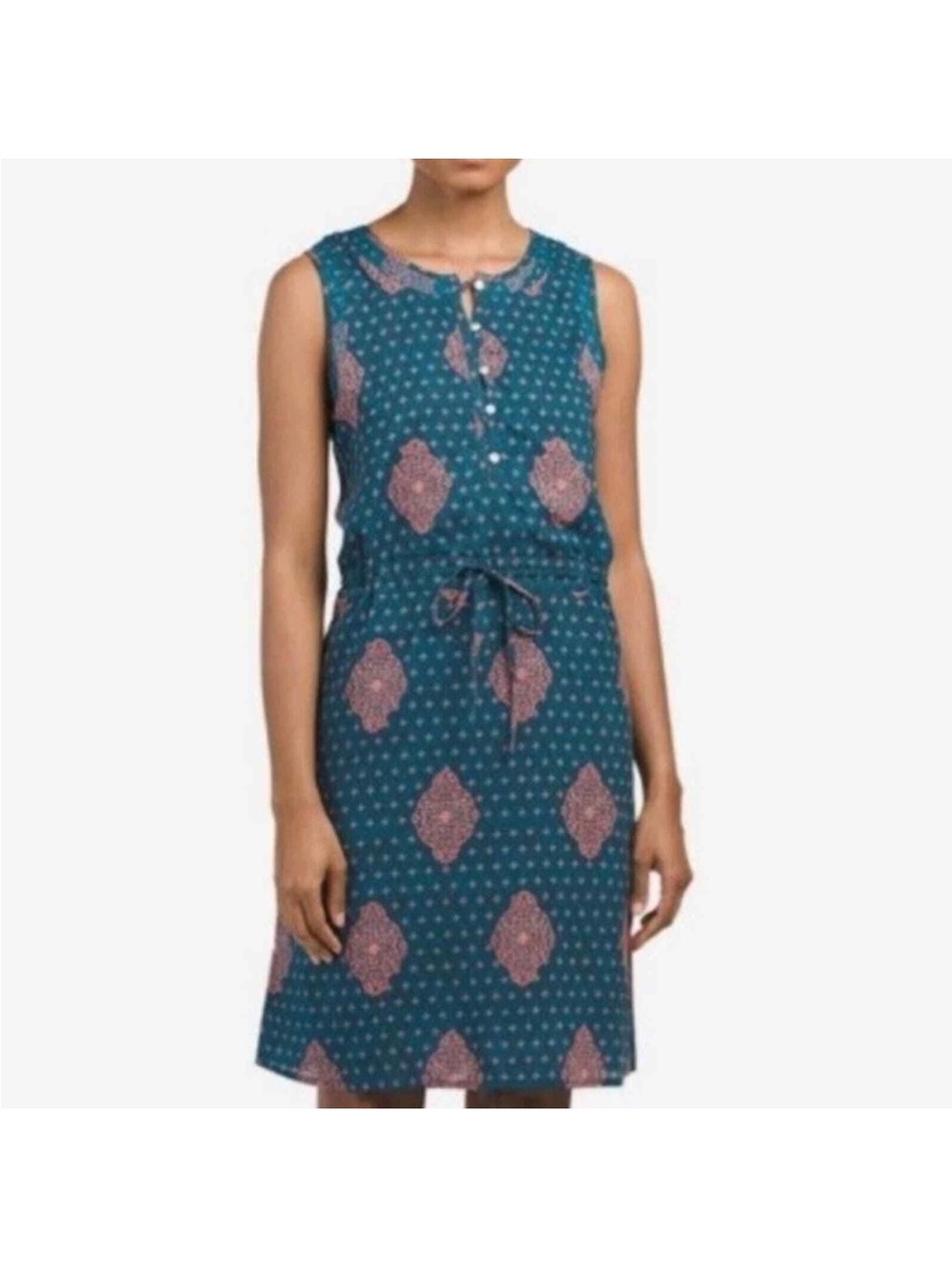 Lucky Brand Teal Sleeveless Printed Tie-Waist Midi Dress